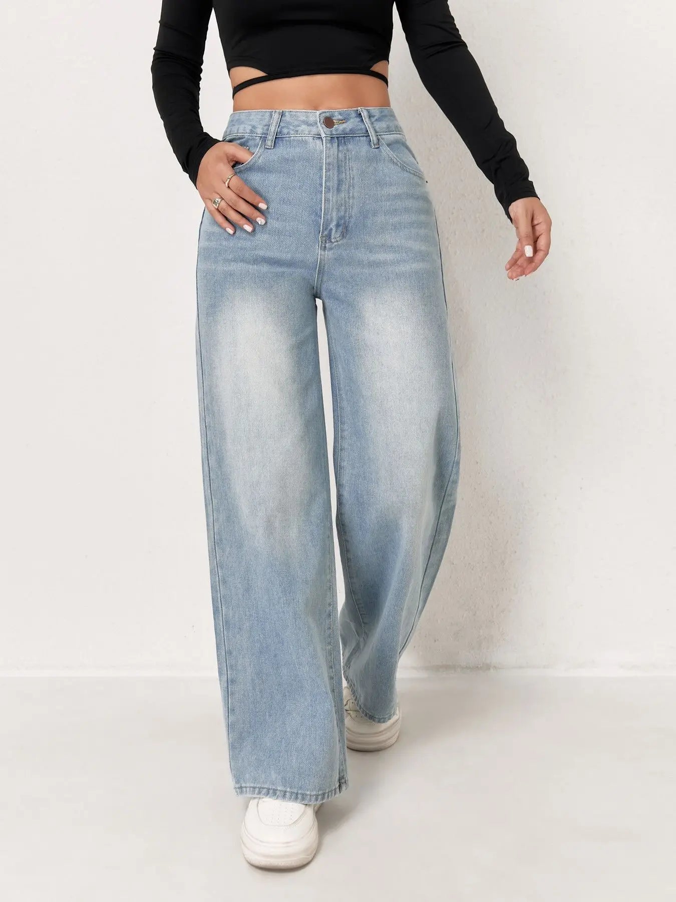 Laia - Pantalones vaqueros anchos de mezclilla azul claro